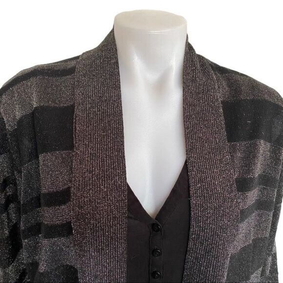 August Silk Black Gray Shimmery Metallic Striped 3/4 Sleeve Cardigan Sweater Siz - Picture 4 of 12